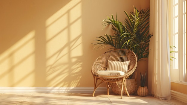 Interior of a bright spacious room on sunny day with chair and an indoor flower