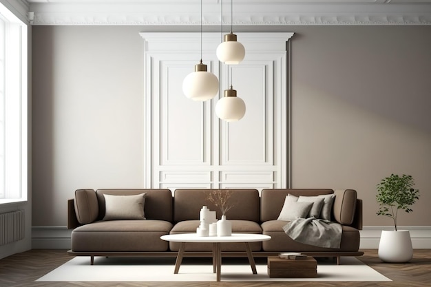 Interior of a brown leather sofa and coffee table in a wooden floored beige minimalist living room with three fashionable ceiling lamps a mockup