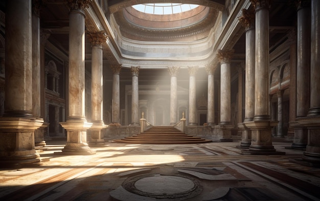 The interior of a building with columns and the sun shining on it.