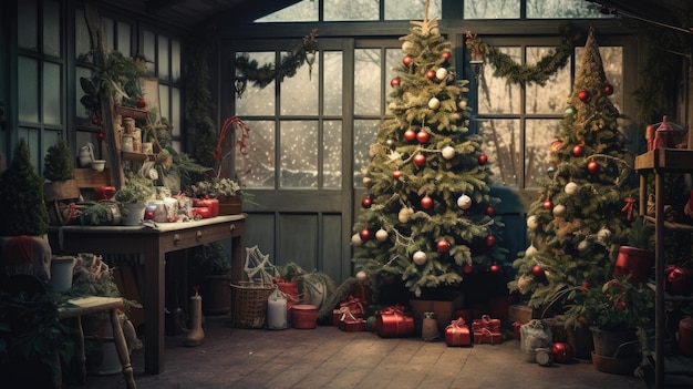 Interior cabin decorated with two Christmas trees Merry Christmas