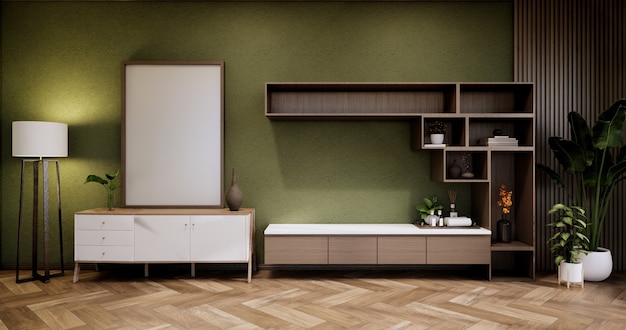 Interior, Cabinet in Modern Green empty room on Livingroom. 3d rendering