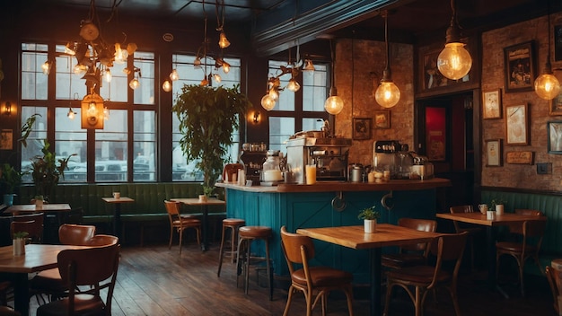 the interior of a cafe with a blue painted wall and a red sign that says  the word  on it