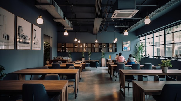 The interior of the cafe with tables and chairs and a wall with a picture of a plant on it.