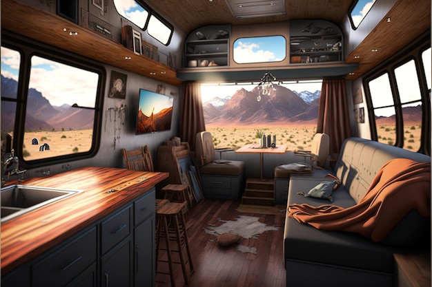 Interior of a camper van motorhome generative ai