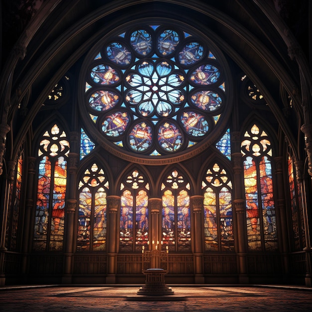 Interior of a cathedral with stained glass windows 3d render