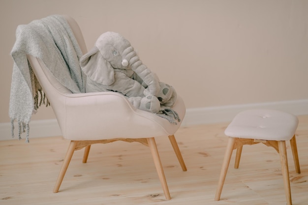 The interior of the children039s room in beige tones and boho style