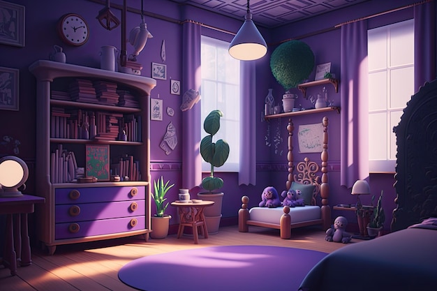 Interior of a children39s room in violet beneath a fake