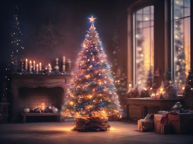 interior christmas magic glowing tree fireplace and gift