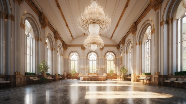 The interior of a church with a chandelier hanging from the ceiling.