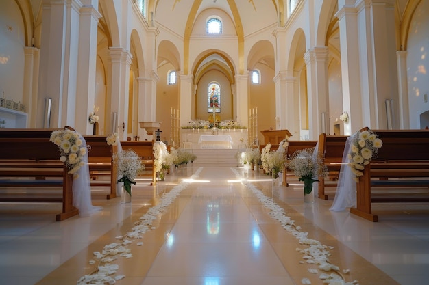 Interior of church with decoration for wedding with candels light