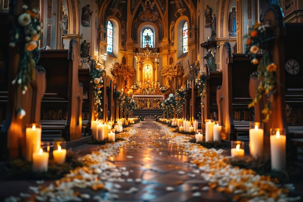 Interior of church with decoration for wedding with candels light