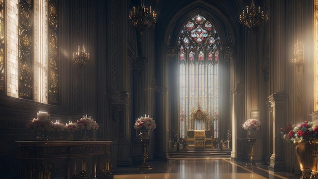 The interior of a church with a stained glass window and a church with a church in the background.