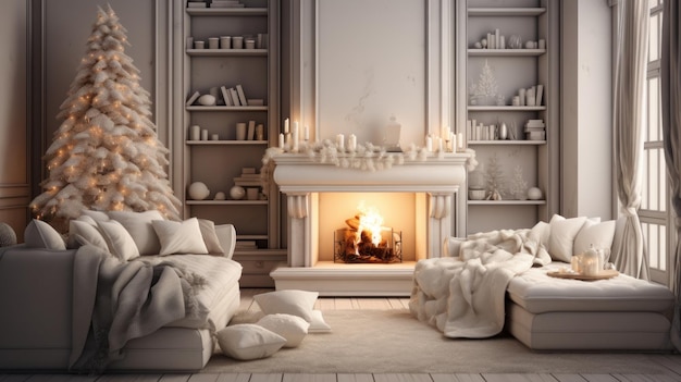 Interior of classic white living room with Christmas decor Blazing fireplace burning candles elegant Christmas tree comfortable couches bookshelves large window with winter forest view