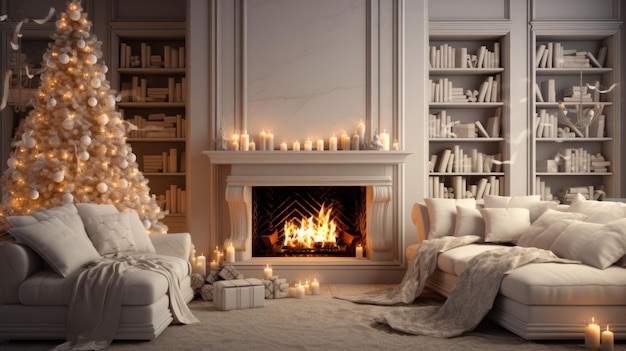 Interior of classic white living room with Christmas decor Blazing fireplace burning candles elegant Christmas tree gift boxes comfortable couches bookcases