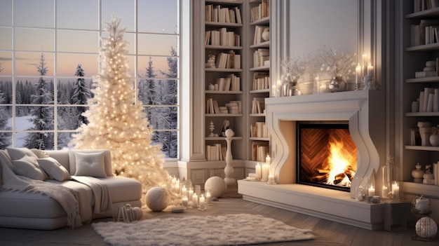 Interior of classic white living room with Christmas decor Blazing fireplace garlands burning candles elegant Christmas tree comfortable couch large windows with winter forest view