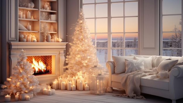 Interior of classic white living room with Christmas decor Blazing fireplace garlands and burning candles elegant Christmas tree comfortable cushioned furniture bookshelves large windows