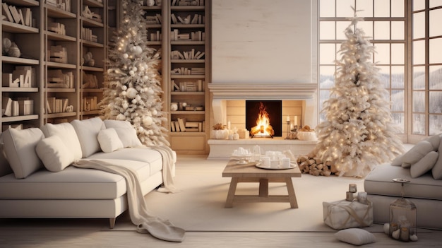 Interior of classic white living room with Christmas decor Blazing fireplace garlands burning candles elegant Christmas trees comfortable couch bookshelves large window with winter forest view