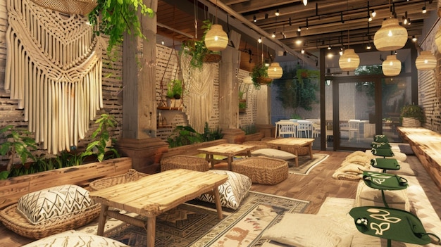 Interior of a coffee shop adorned with wicker furniture and various plants creating a cozy and