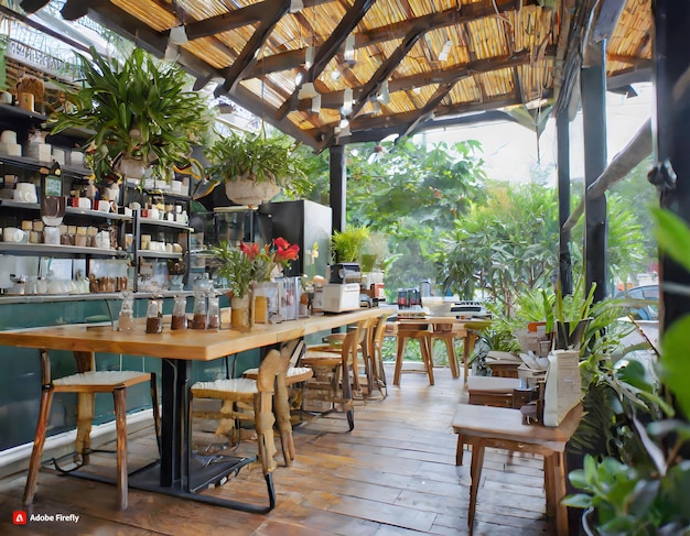 Interior of a coffee shop with wooden tables chairs and plants