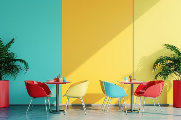 Photo interior of colorful bauhaus restaurant and cafe