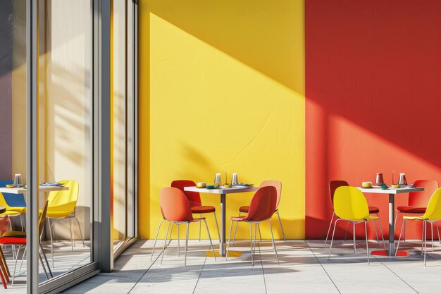 Photo interior of colorful bauhaus restaurant and cafe