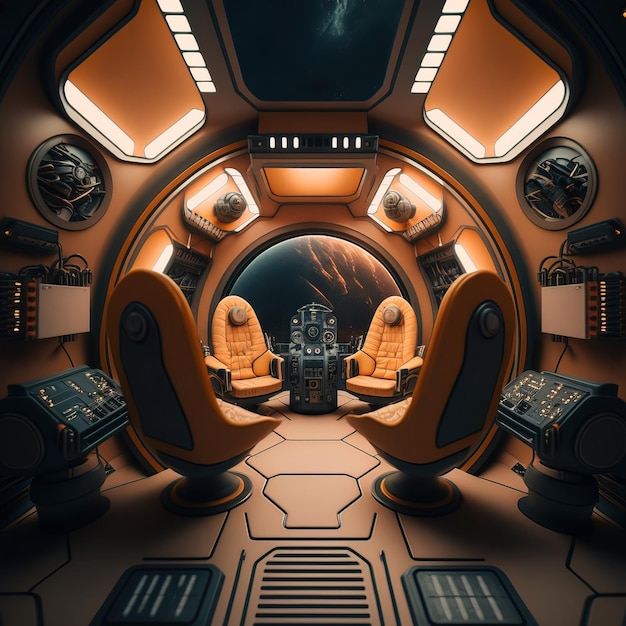 interior of a comfortable single person spacecraft space view futuristic technology generative ai