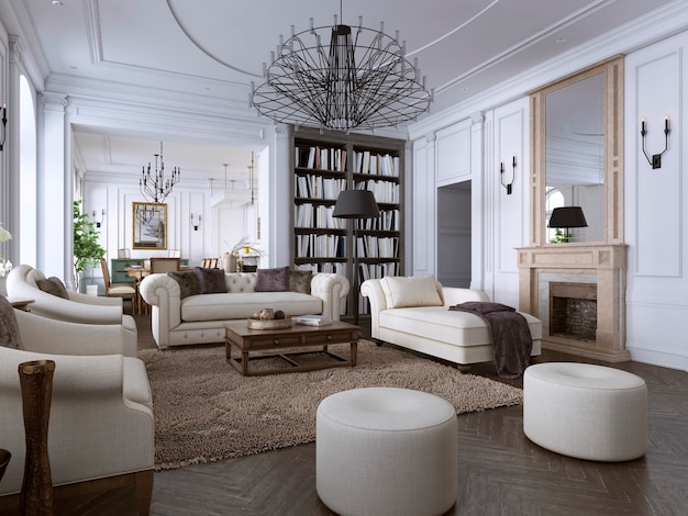 Interior of comfy and bright living room in classic style. 3D rendering.