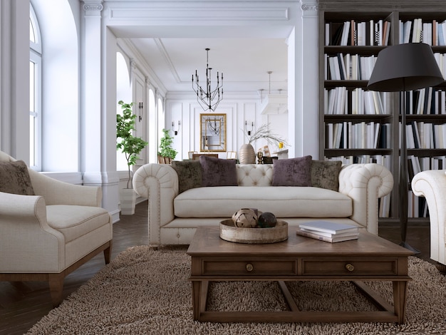 Interior of comfy and bright living room in classic style. 3D rendering.