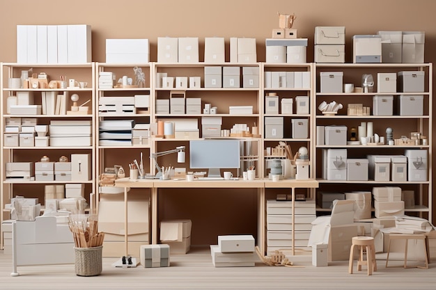 The interior computer and office tools on desk room muji style interior design