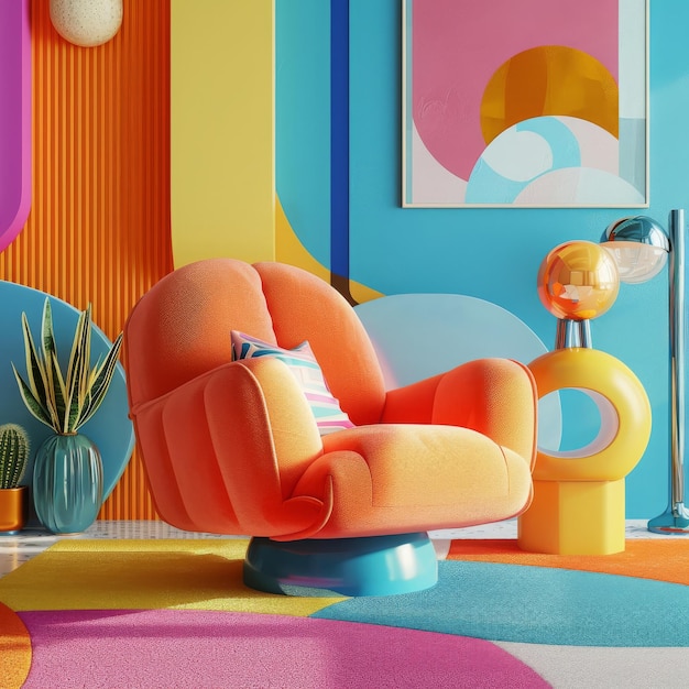 Interior concept of memphis design colorful Armchair with console and prop 3d render