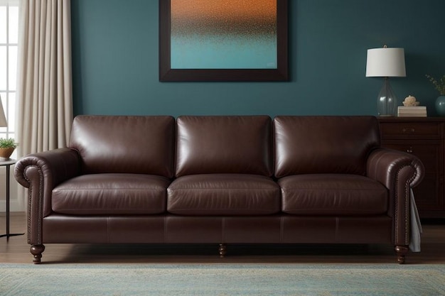 Photo interior concept with a leather sofa and copy space