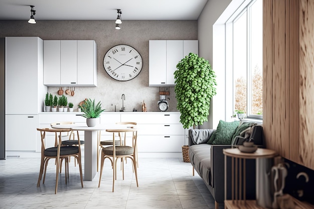 Interior of a contemporary apartment with a living room and kitchen done in a Scandinavian design