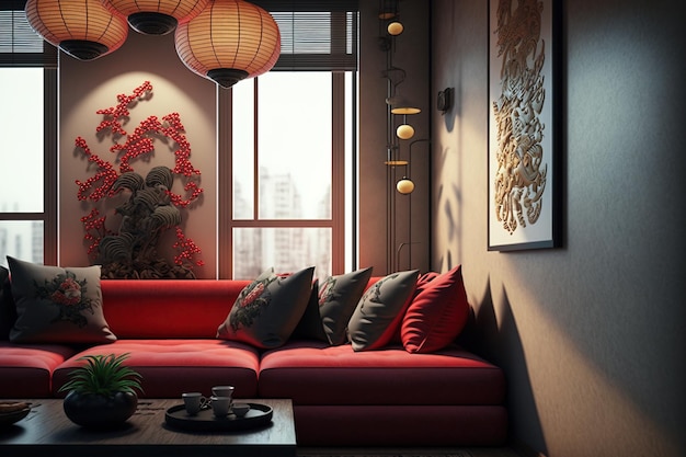 Interior of contemporary apartment with sofa and decorations for the Chinese New Year