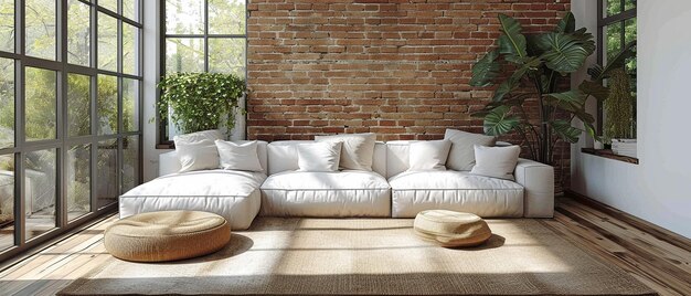 Interior of a contemporary living area with a wooden floor and brick walls dummy xAxA