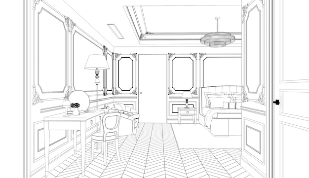 interior contour visualization, 3D illustration, sketch, outline