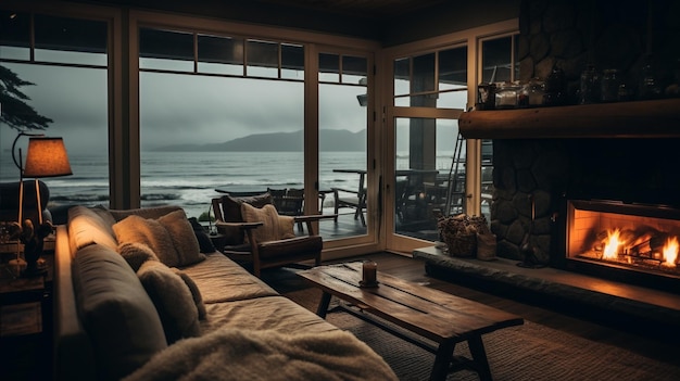 Interior of a cozy beach house on a stormy day with a fireplace showing a view of the ocean outside