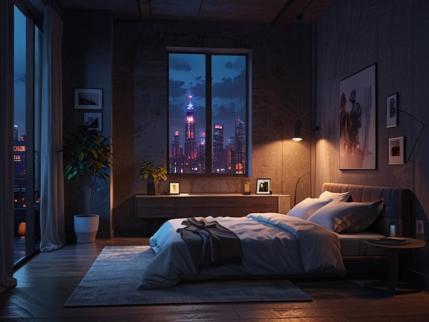 Interior of cozy bedroom with comfortable bed blanket and glowing lamps at night