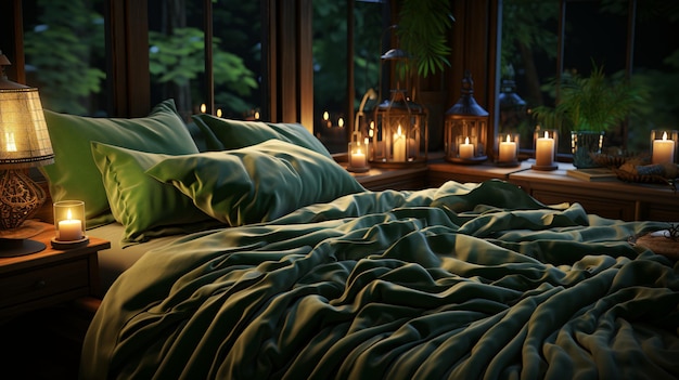 Interior of a cozy bedroom with a large window a wooden bed and a green blanket