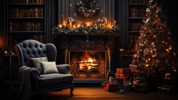 Interior of cozy classic living room with Christmas decor Blazing fireplace wreath garlands and burning candles elegant Christmas tree vintage armchair bookcases Christmas fairy tale