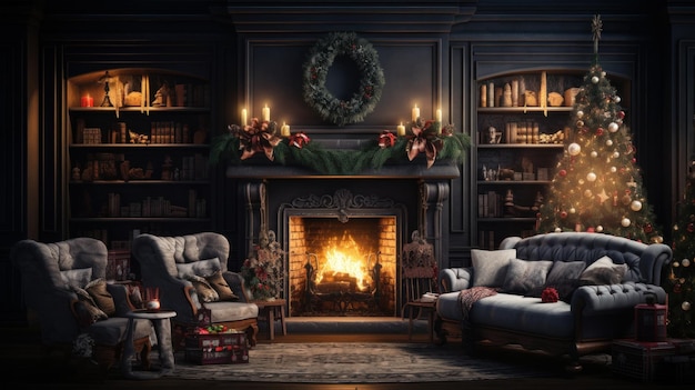 Interior of cozy classic living room with Christmas decor Blazing fireplace wreath garlands and burning candles elegant Christmas tree vintage armchairs bookcases Christmas fairy tale