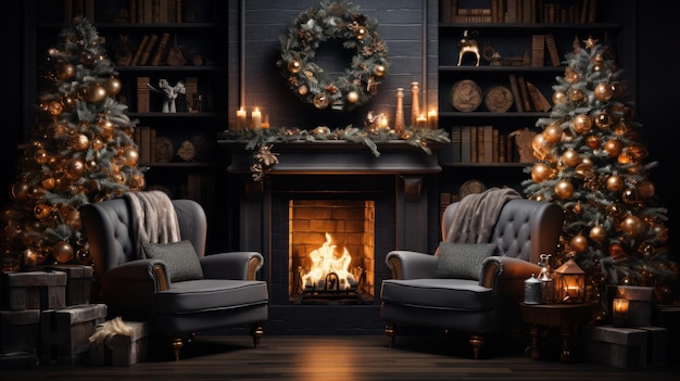 Interior of cozy classic living room with Christmas decor Blazing fireplace wreath garlands and burning candles elegant Christmas trees gift boxes vintage armchairs bookcases 3D rendering