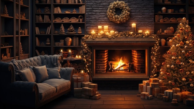 Interior of cozy classic living room with Christmas decoration Blazing fireplace wreath garlands and burning candles elegant Christmas tree gift boxes comfortable couch bookshelves