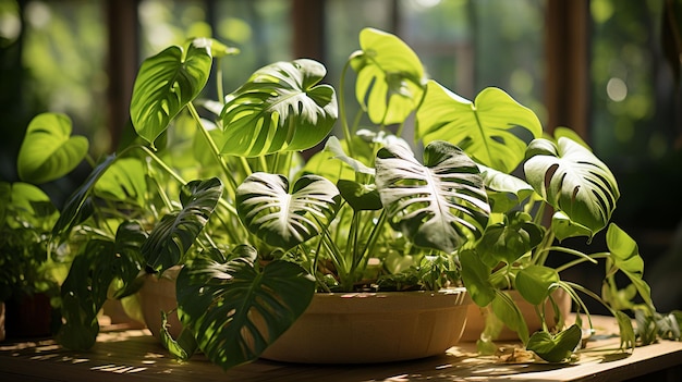 Interior of cozy home garden with fresh green monstera houseplant