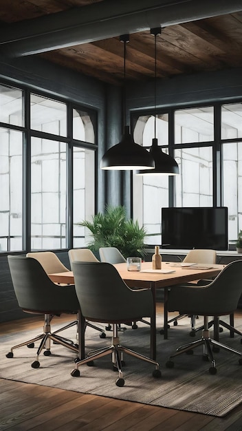 Interior of cozy light company room with conference table ready for brainstorming modern stylish c