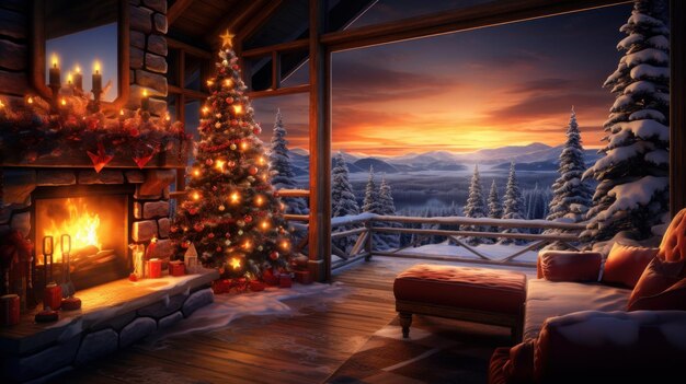 Interior of cozy living room in rustic chalet with Christmas decor Blazing fireplace garlands and burning candles elegant Christmas tree panoramic windows with stunning forest and mountains view