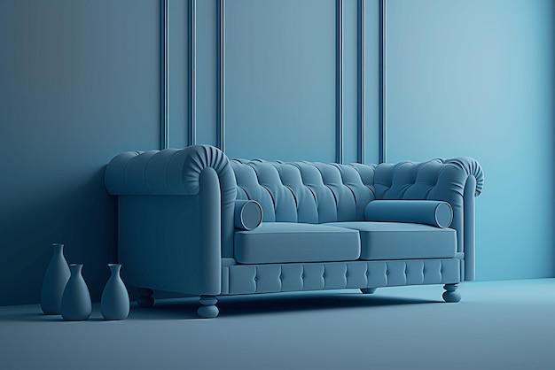 The interior of a cozy modern living room with a sofa against the backdrop of a pastel blue wall