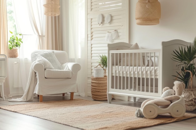 Interior of cozy scandi ecofriendly childrens room in a modern house or apartment soft natural hues