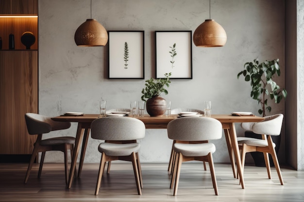 Photo interior of a cozy scandinavian style dining room wooden chairs and table soft lighting elegant and understated decor scandinavian art prints