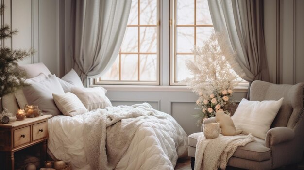 Interior of cozy single bedroom decorated with quilt and curtains Space for text