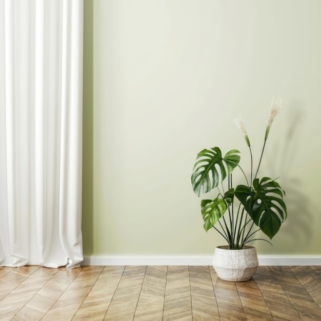 Interior cream color wall mockup with green plant3d rendering with an all white room